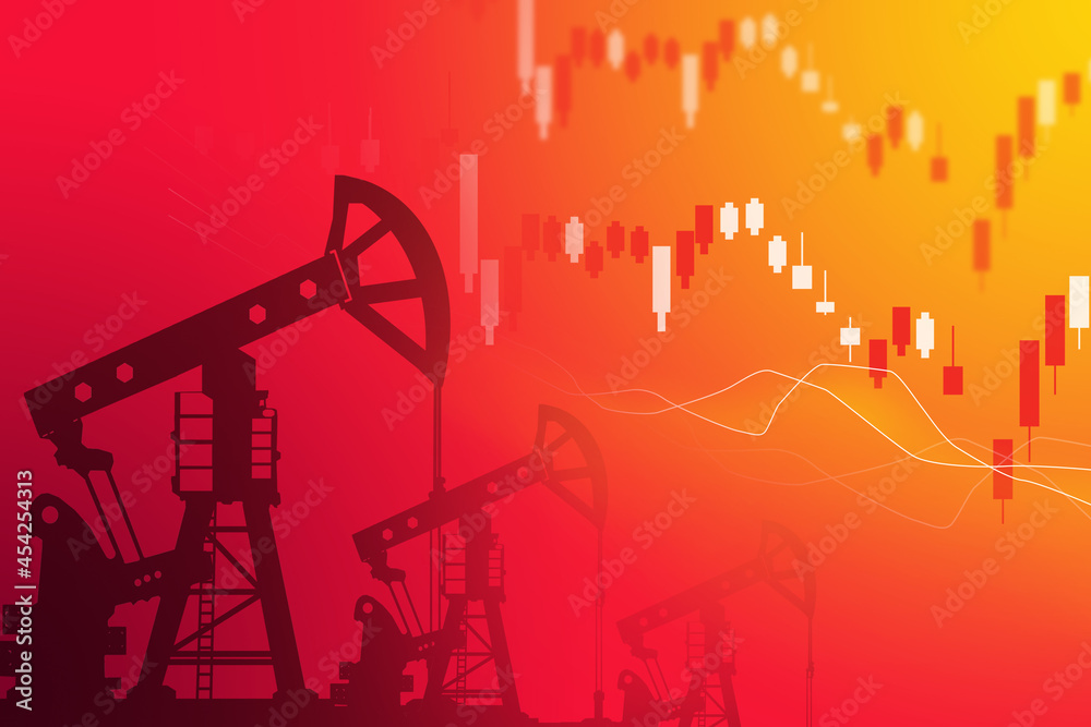 Oil production investment background. Quotes and silhouettes of petroleum rigs. Oil futures quotes. Oil stock indices. Petroleum mining industry investment concept. Petrol mining. 3d rendering.