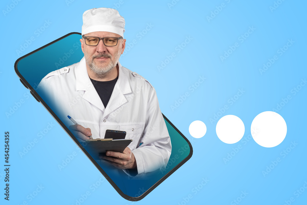 Telemedicine concept. Metaphor of application for remote consultation with a doctor. Doctor looks out of smartphone screen. Contacting a doctor in a smartphone app. Telemedicine app. Call to medic Telemedicine concept. Metaphor of application for remote consultation with a doctor. Doctor looks out of smartphone screen. Contacting a doctor in a smartphone app. Telemedicine app. Call to medic