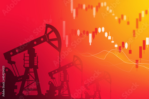 Oil production investment background. Quotes and silhouettes of petroleum rigs. Oil futures quotes. Oil stock indices. Petroleum mining industry investment concept. Petrol mining. 3d rendering.