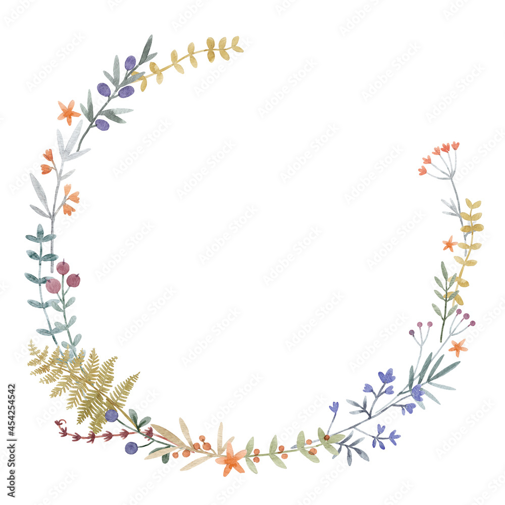 Beautiful stock illustration with hand drawn watercolor gentle floral wreath. Beautiful stock illustration with hand drawn watercolor gentle floral wreath.