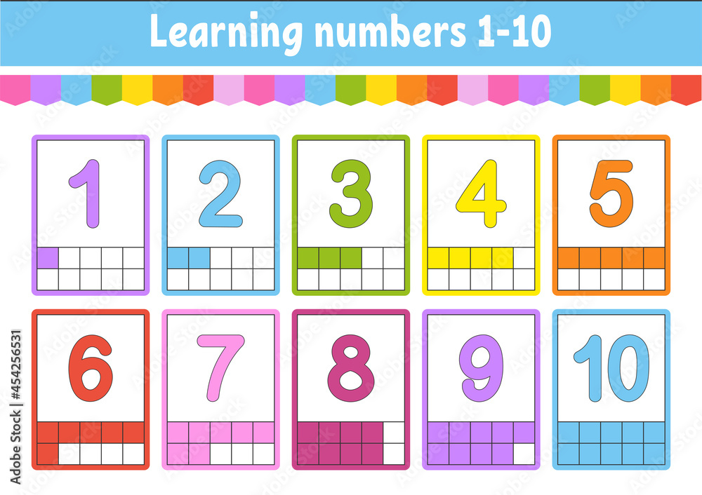 Set flash cards for kids. Learning numbers 1-10. Education developing worksheet. Activity page for school. Color game for children. Vector illustration. Cartoon style.