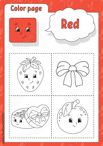 Coloring book. Learning colors. Flashcard for kids. Cartoon characters. Picture set for preschoolers. Education worksheet. Vector illustration.