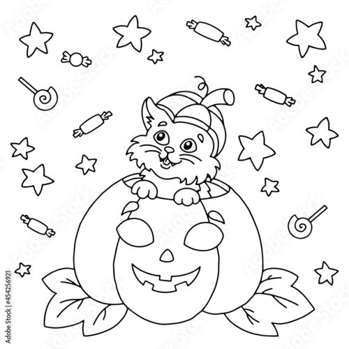 Cute cat sits in a pumpkin. Halloween theme. Coloring book page for kids. Cartoon style. Vector illustration isolated on white background.