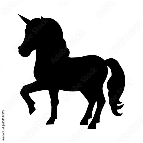 Black silhouette unicorn. Design element. Vector illustration isolated on white background. Template for books  stickers  posters  cards  clothes.