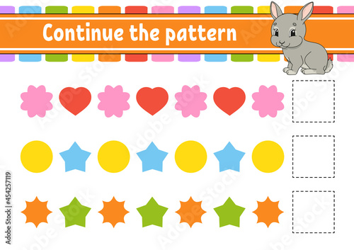 Continue the pattern. Education developing worksheet. Game for kids. Activity page. Puzzle for children. Riddle for preschool. Flat isolated vector illustration. Cute cartoon style.