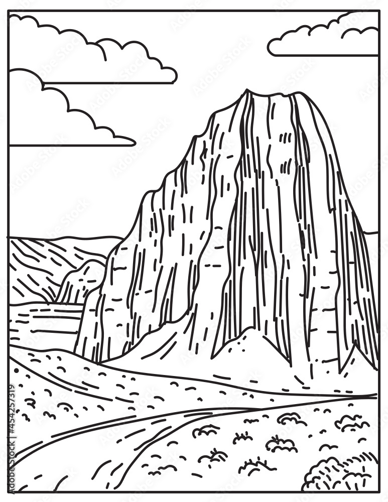 Mono line illustration of Cathedral Valley Loop of Capitol Reef National Park in Utah, USA done in in retro black and white monoline line art style poster. Mono line illustration of Cathedral Valley Loop of Capitol Reef National Park in Utah, USA done in in retro black and white monoline line art style poster.