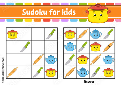 Dishware theme. Sudoku for kids. Education developing worksheet. Cartoon character. Color activity page. Puzzle game for children. Logical thinking training. Isolated vector illustration.