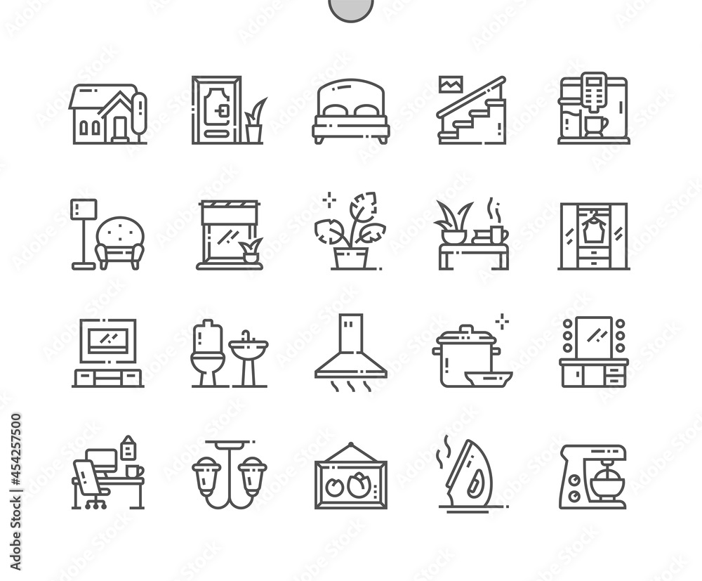 Home and living. House, door, bed, stairs, wardrobe, bathroom and other. Makeup table. Pixel Perfect Vector Thin Line Icons. Simple Minimal Pictogram Home and living. House, door, bed, stairs, wardrobe, bathroom and other. Makeup table. Pixel Perfect Vector Thin Line Icons. Simple Minimal Pictogram
