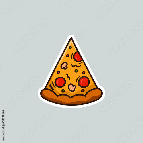pizza with pepperoni, mushroom topping doodle sketch hand drawn cartoon icon, vector illustration sticker