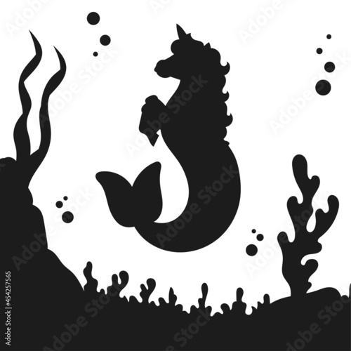 Cute unicorn. Magic fairy horse. Black silhouette. Design element. Vector illustration isolated on white background. Template for books, stickers, posters, cards, clothes.