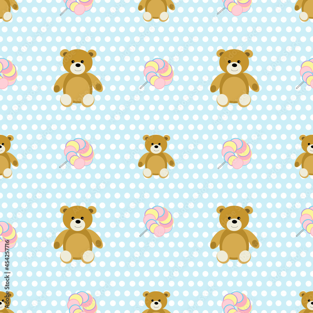 Seamless pattern with cute teddy bears on background polka dot .Concept for textiles,fabric,wallpaper.