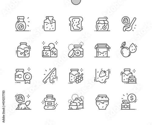 Bottle of jam. Homemade jam. Sweet dessert. Organic food. Cherry jam. Pixel Perfect Vector Thin Line Icons. Simple Minimal Pictogram