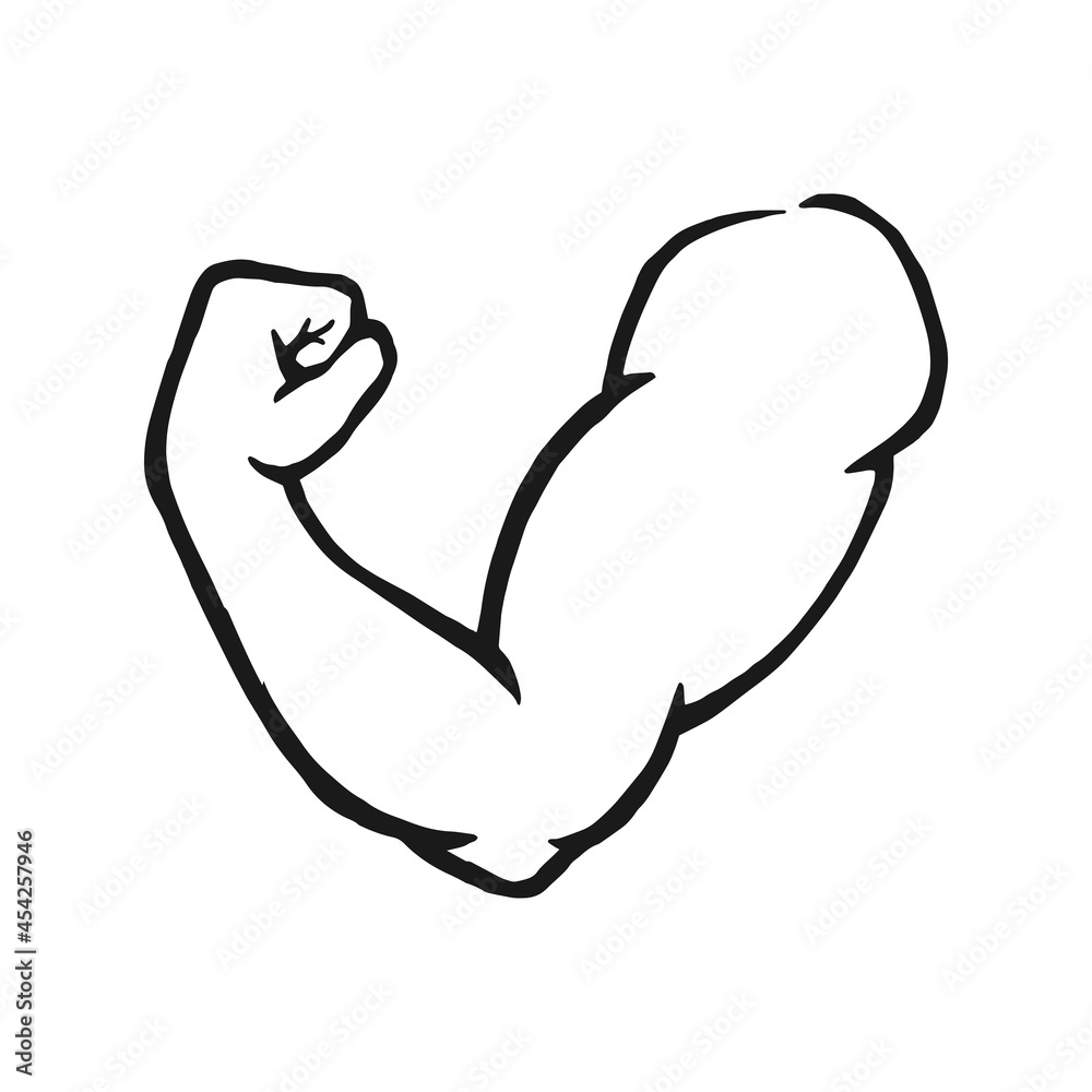 Muscular arm of a bodybuilder. Outline silhouette. Design element. Vector illustration isolated on white background. Template for books, stickers, posters, cards, clothes.