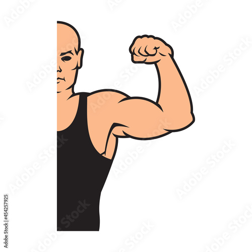 Bodybuilder strong man. Design element. Vector illustration isolated on white background. Template for books, stickers, posters, cards, clothes.