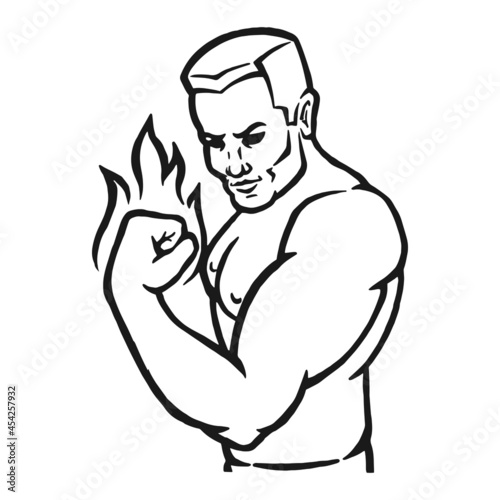 Male bodybuilder flexing his biceps. Outline silhouette. Design element. Vector illustration isolated on white background. Template for books, stickers, posters, cards, clothes.