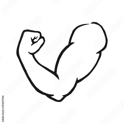 Muscular arm of a bodybuilder. Outline silhouette. Design element. Vector illustration isolated on white background. Template for books, stickers, posters, cards, clothes.