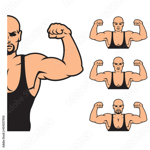 Bodybuilder strong man. Design element. Vector illustration isolated on white background. Template for books, stickers, posters, cards, clothes.