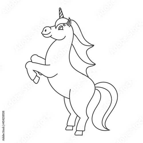 Coloring book for kids. The magical unicorn reared up. The animal horse stands on its hind legs. Cartoon style. Simple flat vector illustration.
