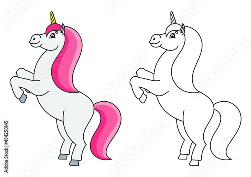 Coloring book for kids. The magical unicorn reared up. The animal horse stands on its hind legs. Cartoon style. Simple flat vector illustration.