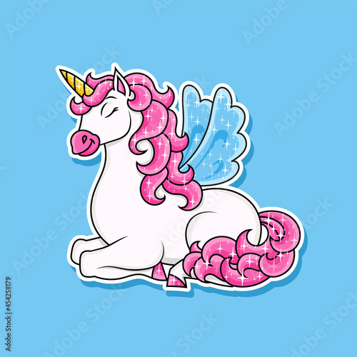 Cute unicorn with wings. Magic fairy horse. Cartoon character. Colorful vector illustration. Isolated on color background. Design element. Template for your design  books  stickers  cards.