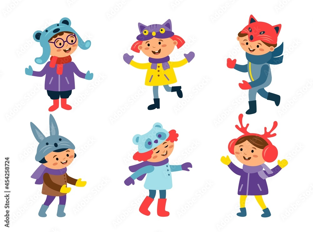 Cute multiracial boys and girls in animal hat costume fox, bear, deer, panda, bunny isolated on white background. Vector flat characters illustration. Design for party, invitation, birthday Cute multiracial boys and girls in animal hat costume fox, bear, deer, panda, bunny isolated on white background. Vector flat characters illustration. Design for party, invitation, birthday