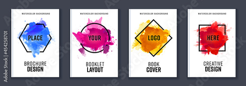 Watercolor splash background over geometric frame vector brochure cover design, logo and sale banner template set
