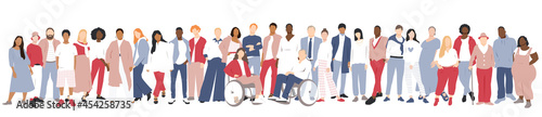 People of different ethnicities stand side by side together. Flat vector illustration.	