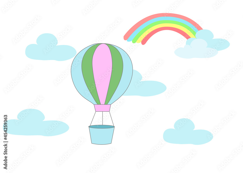 Colorful Air Balloon clouds and rainbow background over white background.
