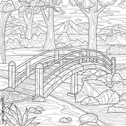 Small bridge in the park. Landscape.Coloring book antistress for children and adults. Illustration isolated on white background.Zen-tangle style. Hand draw