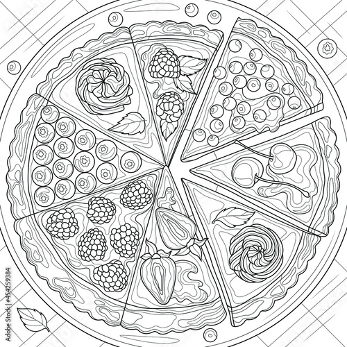 Pieces of tart with berries.Coloring book antistress for children and adults. Illustration isolated on white background.Zen-tangle style. Hand draw