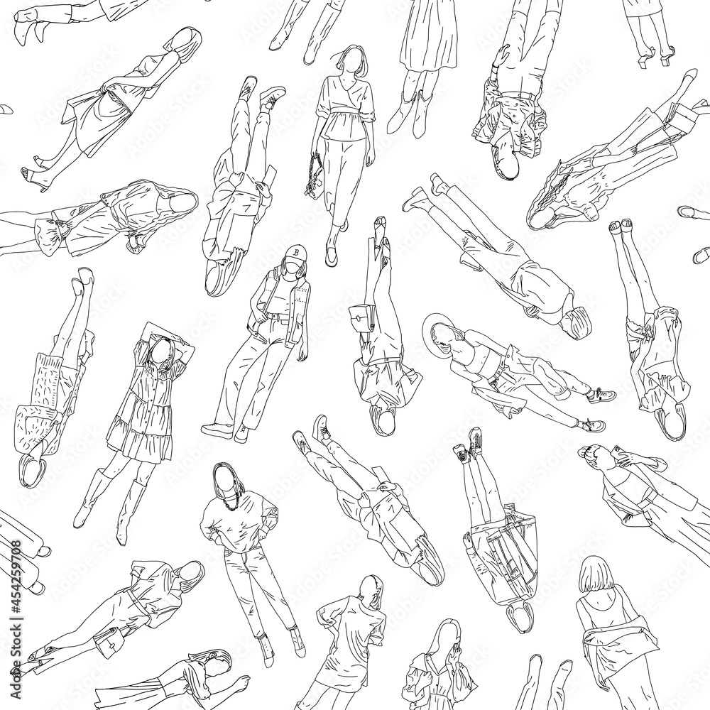 A pattern of trendy girls dressed in street style. Simple linear style. Beauty and fashion concept. Vector illustration. A pattern of trendy girls dressed in street style. Simple linear style. Beauty and fashion concept. Vector illustration.