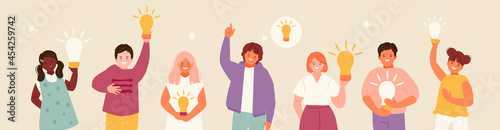 Happy kids holding ideas. Children creativity, students and pupils of the kindergarten. Vector illustration