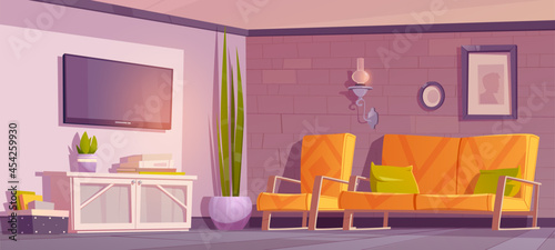 Eco rustic interior, living room with furniture of natural ecological materials wood and textile. Cartoon vector apartment in minimal style with cozy couch front of tv set and lantern on brick wall