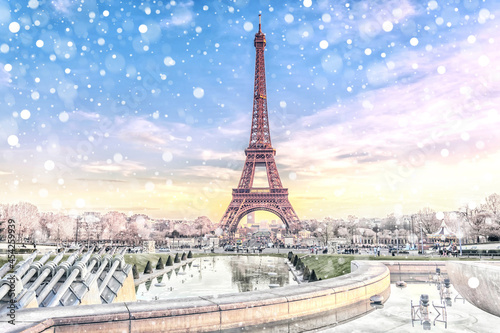 Fototapeta Naklejka Na Ścianę i Meble -  View of the Eiffel Tower in Paris at Christmas time, France. Romantic travel background