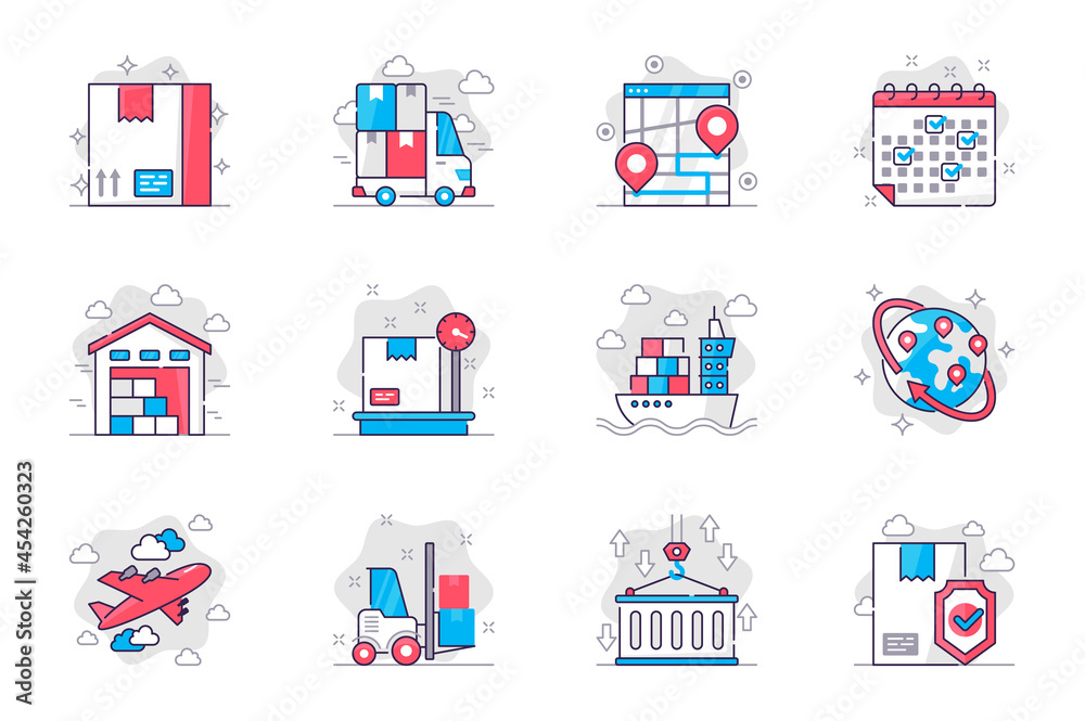 Shipping concept flat line icons set. Delivery service and logistics. Bundle of parcel, truck, tracking, warehouse, cargo, export and other. Vector conceptual pack outline symbols for mobile app