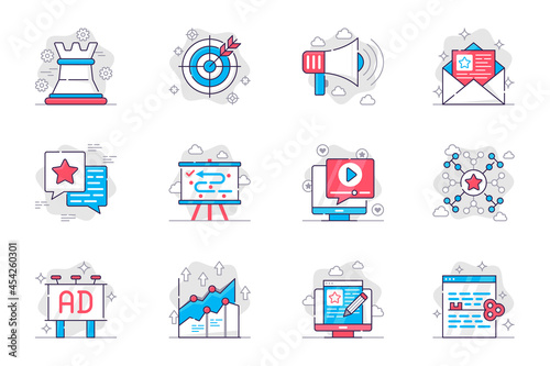 Marketing concept flat line icons set. Successful business promotion strategy. Bundle of target, attraction, networking, optimization and other. Vector conceptual pack outline symbols for mobile app