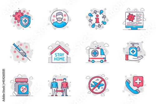 Coronavirus prevention concept flat line icons set. Vaccination and prevention of disease. Bundle of medical mask, stay home, disinfection, other. Vector conceptual pack outline symbols for mobile app
