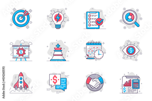 Business planning concept flat line icons set. Successful strategy and startup development. Bundle of target, idea, task, search, calendar, other. Vector conceptual pack outline symbols for mobile app
