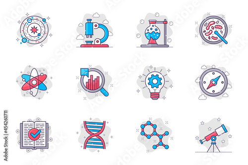 Science concept flat line icons set. Scientific research and lab equipment. Bundle of astronomy, microscope, test, flask, atom, molecule, other. Vector conceptual pack outline symbols for mobile app