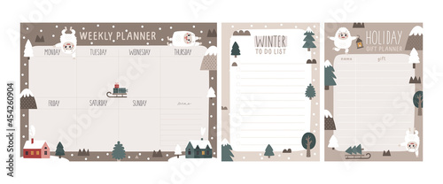 Set of vector weekly planner, gift planner and todo list with Yeti characters, Bigfoot, stones, snow, Christmas tree, a warming candle, lantern in Scandinavian Boho style