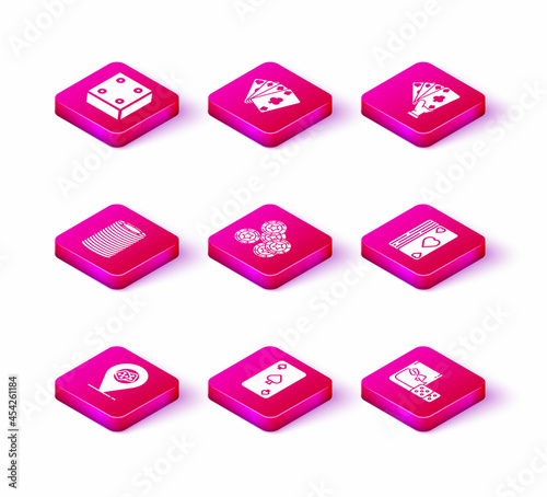 Set Casino location, Playing card with spades symbol, chips, Game dice and glass of whiskey ice cubes, Deck playing cards, Hand holding and icon. Vector