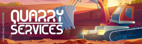 Quarry services cartoon banner, excavator mining on career, heavy industrial machinery and transport works. Coal or metal ore opencast pit mine production, stone quarrying equipment vector concept