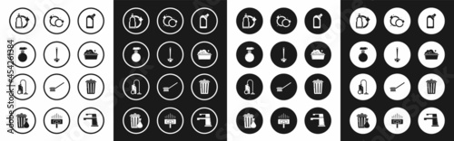 Set Plastic bottles for liquid dishwashing liquid, Toilet brush, , basin with soap suds, Washing dishes, Trash can and Vacuum cleaner icon. Vector
