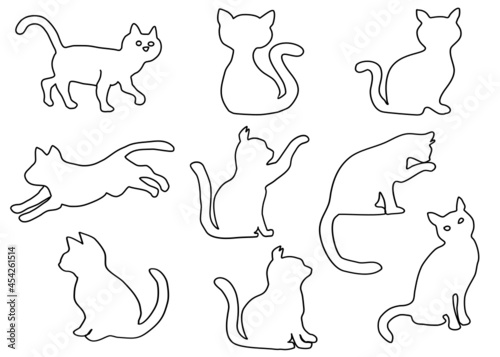 Line art, doodle,line background of Cat cartoon isolate on white background. Concept card ,put color , cute texture, fabric. Copy space for your text.
