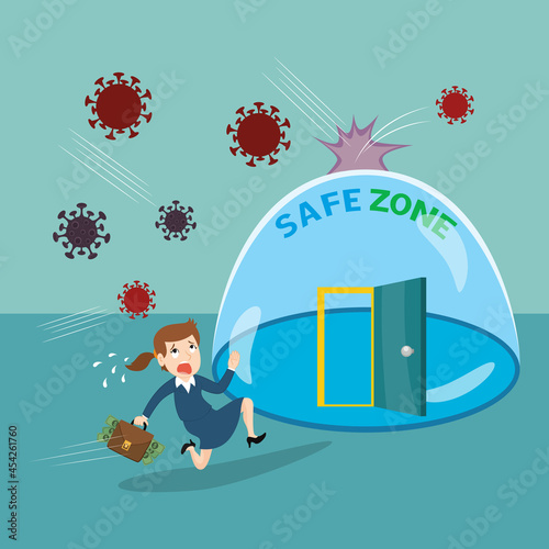   Businesswoman runaway from Coronavirus to safe zone saving money,Virus attack,illustration vector cartoon