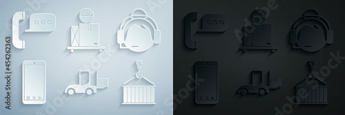 Set Forklift truck, Support operator in touch, Mobile phone with app delivery tracking, Container crane, Scale cardboard box and Telephone speech bubble chat icon. Vector