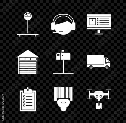 Set Scale, Computer monitor with app delivery tracking, Verification of list clipboard, Scanner scanning bar code, Delivery drone the package, Closed warehouse and Open mail box icon. Vector