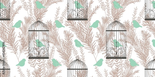 Stylish pattern with birds and cages in Victorian style. Birds of Paradise. Golden branches drawing. A modern pattern for wallcoverings, fabrics and textiles