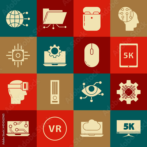 Set Monitor display with 5k video, Processor, Tablet text, Air headphones in box, Laptop and gear, Global technology social network and Computer mouse icon. Vector