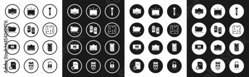 Set Gamepad, Folder and lock, Computer monitor screen, Processor, Laptop, Video graphic card and Monitor display with 5k video icon. Vector